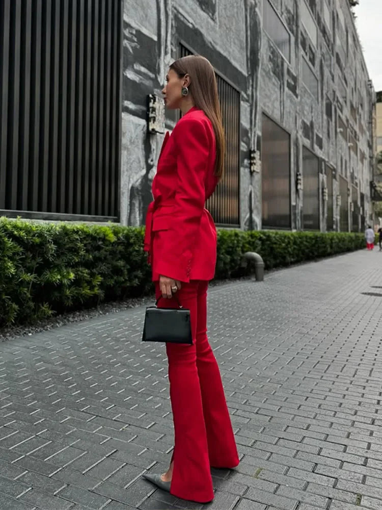 Red Flip Collar Lace-Up Coat Coats-241208