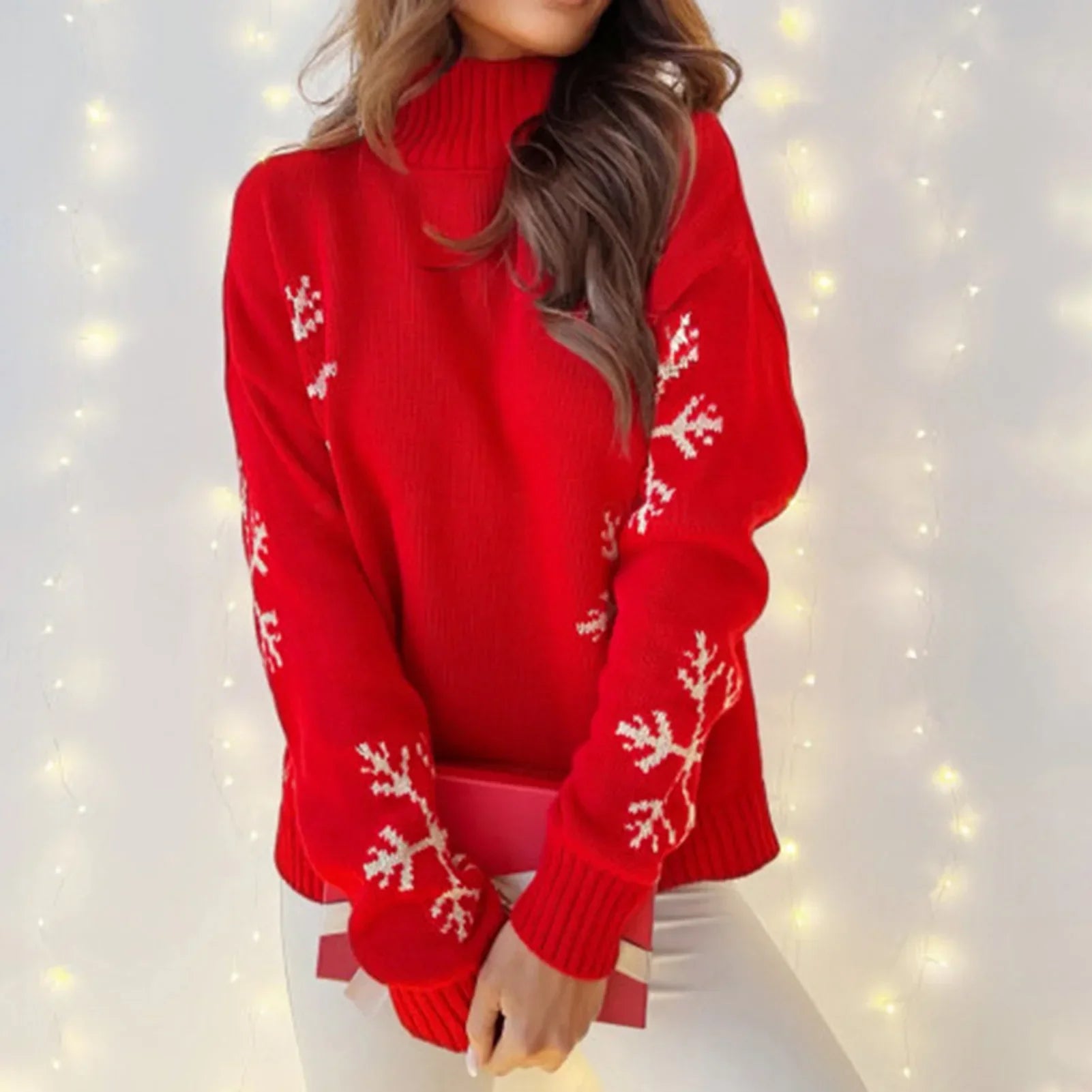 High Collar Snowflake Print Loose Fit Long Sleeve Knit Christmas Sweater Sweaters-L
