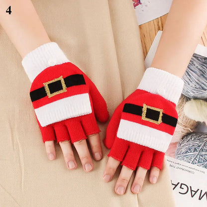 Christmas Elk Printed Knitted Flip Half Finger Winter Glove Red 4 Gloves-L