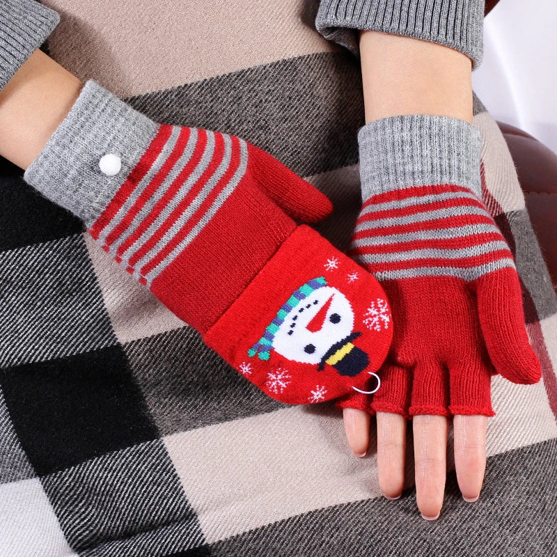 Christmas Elk Printed Knitted Flip Half Finger Winter Glove Gloves-L
