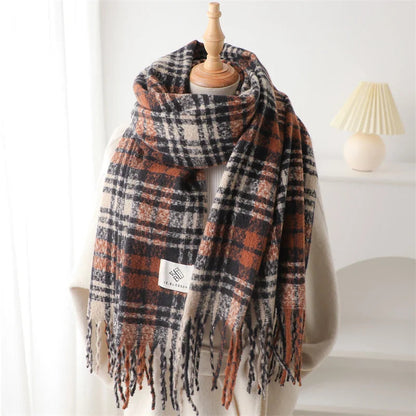 Korean Style Plaid Cashmere Pashmina Wrap Scarf - Winter Warm And Thick Black-Orange Scarfs-L