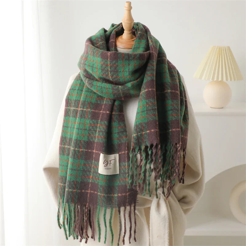 Korean Style Plaid Cashmere Pashmina Wrap Scarf - Winter Warm And Thick Green Scarfs-L