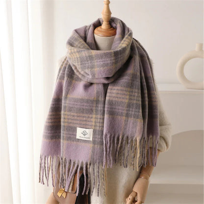 Color Blocked Grid Cashmere Pashmina Wrap Scarf Lavender Scarfs-L