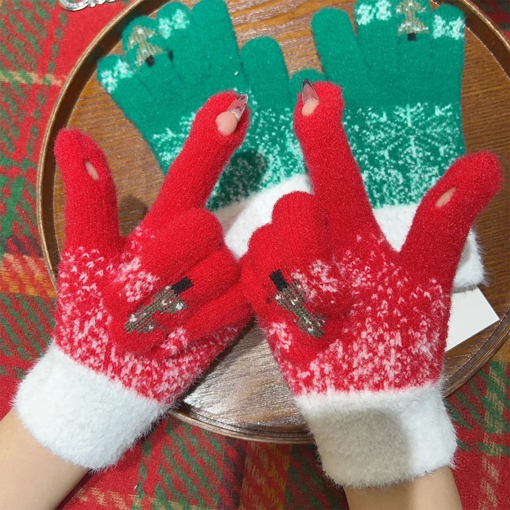 Cashmere Christmas Tree Knit Skiing Full Finger Plush Gloves Gloves-L