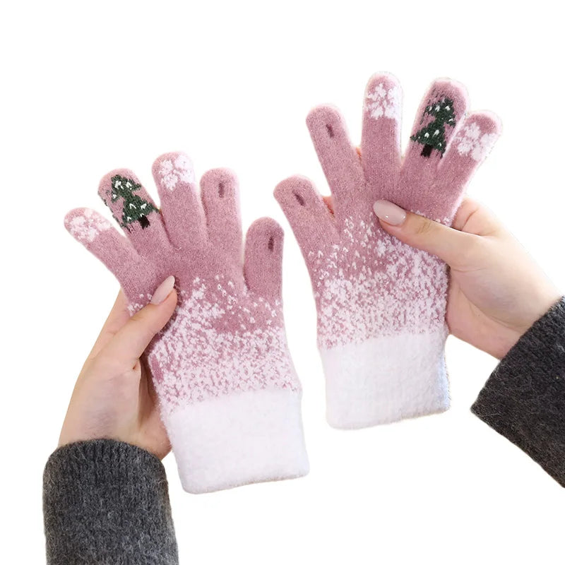 Christmas Tree Knit Full Finger Skiing Touchscreen Winter Glove Pink / M Gloves-L