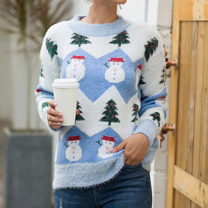 Christmas Snowman Cartoon Knit Long Sleeve Female Tree Sweater Blue / S Sweaters-L