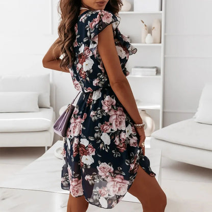 JuliaFashion - Woman Summer Beach Summer Lace Bohe Mini Casual Daily Wear Sun Ruffled Sleeveless Floral Printing Dress