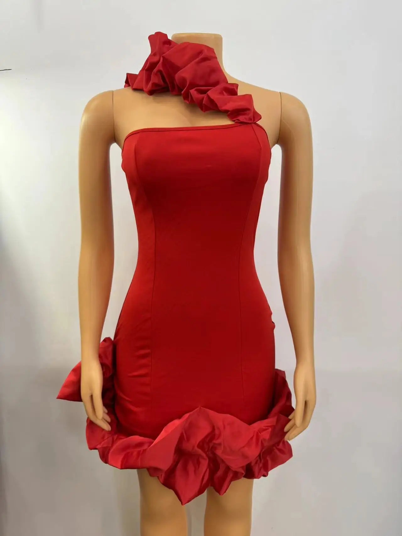 Red Christmas Party Dress - A-Line Backless One-Shoulder