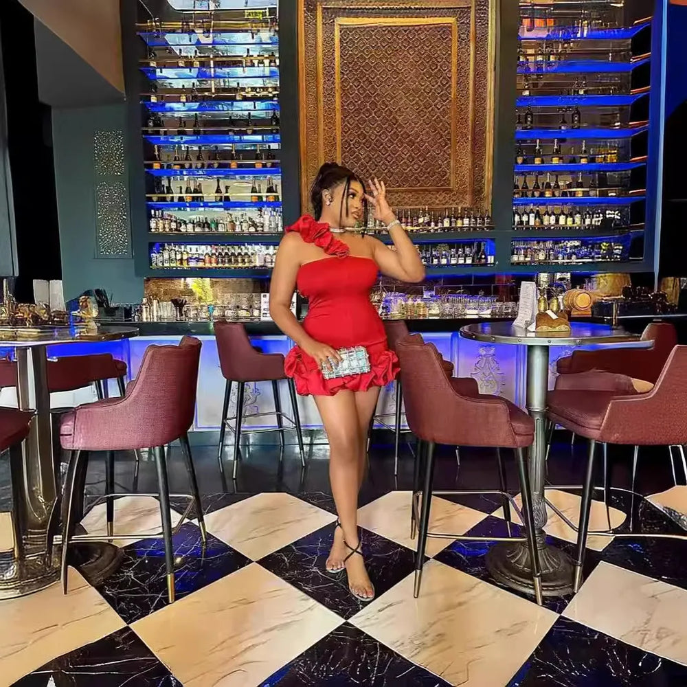 Elegant A-Line Backless One-Shoulder Red Christmas Party Dress Dresses-L