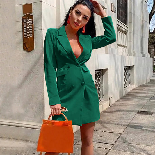 JuliaFashion - Women Autumn Winter Long Sleeved Breasted Waist Suit 2024 Spring Slim Blazer Office Lady New Casual Button Dress
