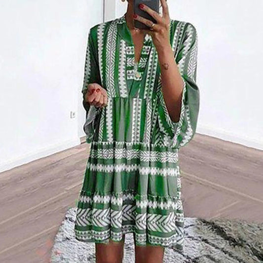 JuliaFashion - Women Aztec Boho Flared Sleeve Tiered Tunic Summer Ladies Vacation Resort Wear Vintage Loose Beach Female Clothing Dress