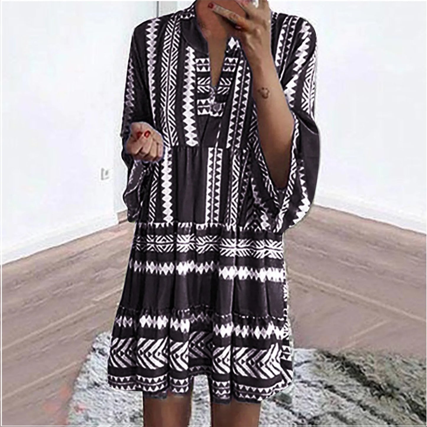 JuliaFashion - Women Aztec Boho Flared Sleeve Tiered Tunic Summer Ladies Vacation Resort Wear Vintage Loose Beach Female Clothing Dress