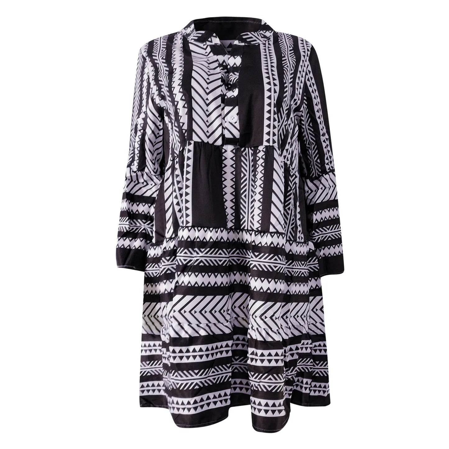 JuliaFashion - Women Aztec Boho Flared Sleeve Tiered Tunic Summer Ladies Vacation Resort Wear Vintage Loose Beach Female Clothing Dress