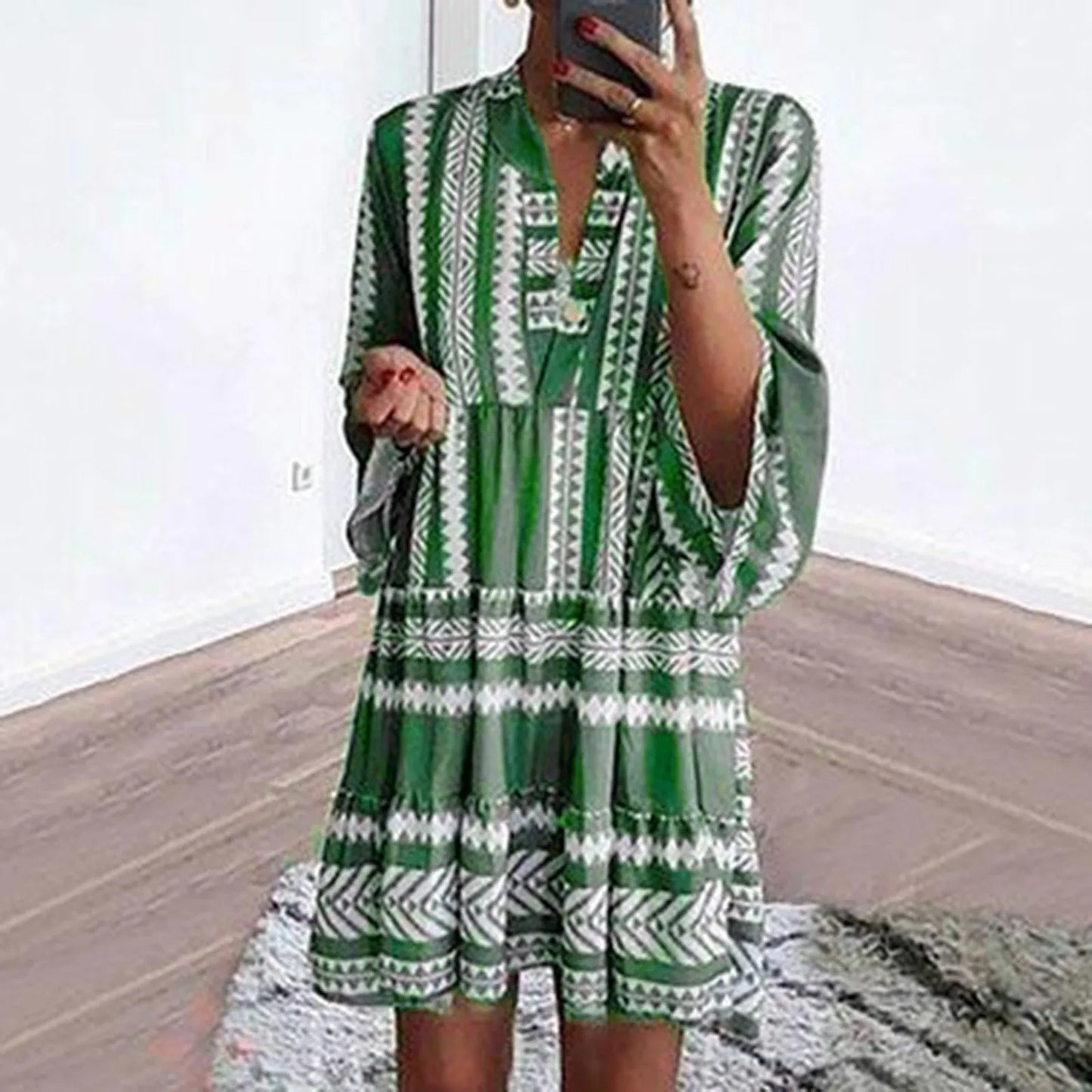 JuliaFashion - Women Aztec Boho Flared Sleeve Tiered Tunic Summer Ladies Vacation Resort Wear Vintage Loose Beach Female Clothing Dress