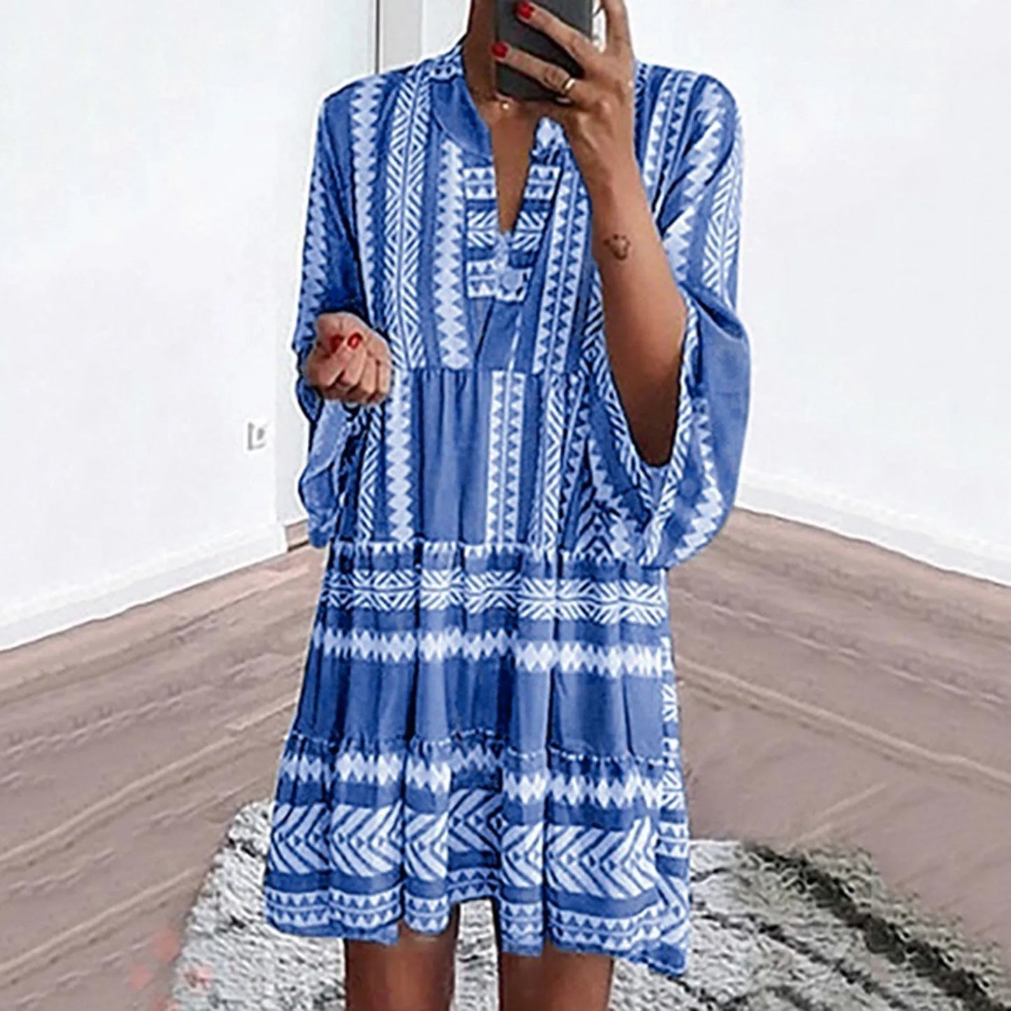 JuliaFashion - Women Aztec Boho Flared Sleeve Tiered Tunic Summer Ladies Vacation Resort Wear Vintage Loose Beach Female Clothing Dress