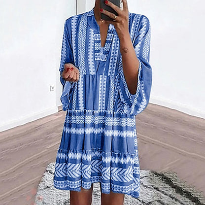 JuliaFashion - Women Aztec Boho Flared Sleeve Tiered Tunic Summer Ladies Vacation Resort Wear Vintage Loose Beach Female Clothing Dress