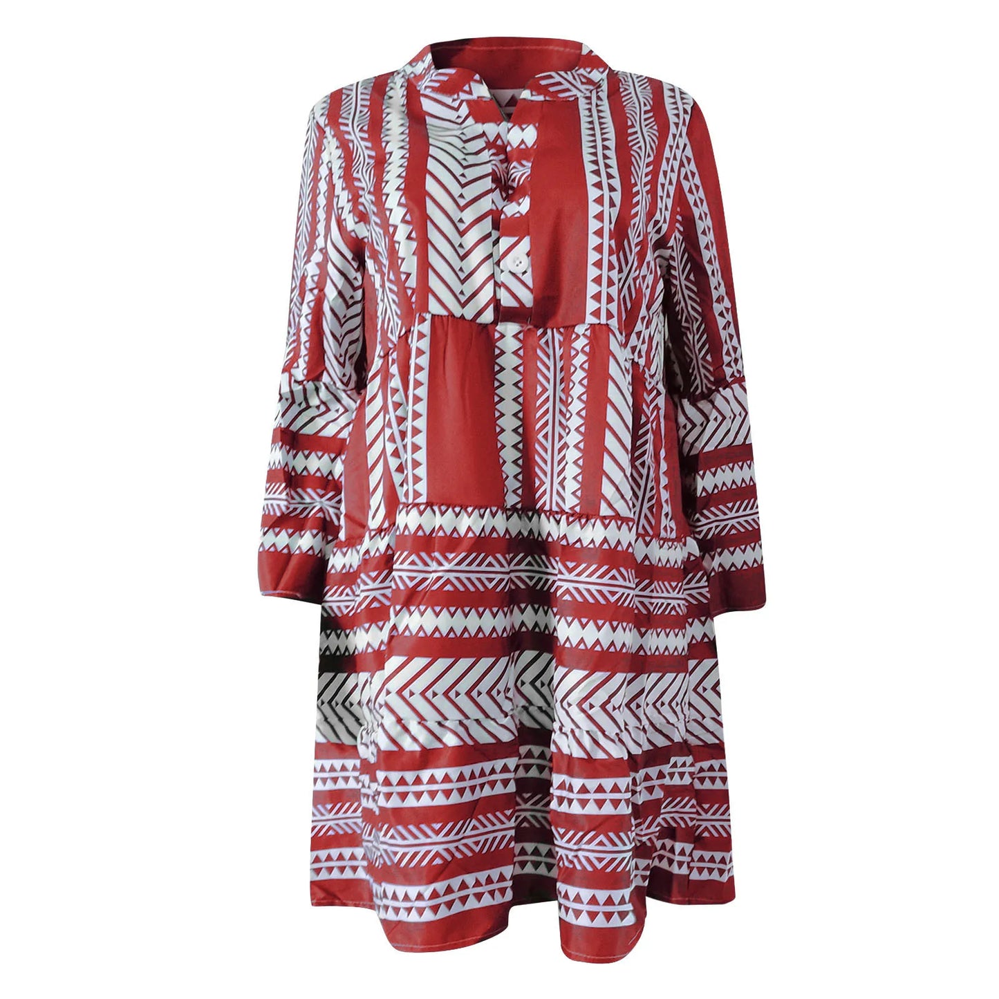 JuliaFashion - Women Aztec Boho Flared Sleeve Tiered Tunic Summer Ladies Vacation Resort Wear Vintage Loose Beach Female Clothing Dress