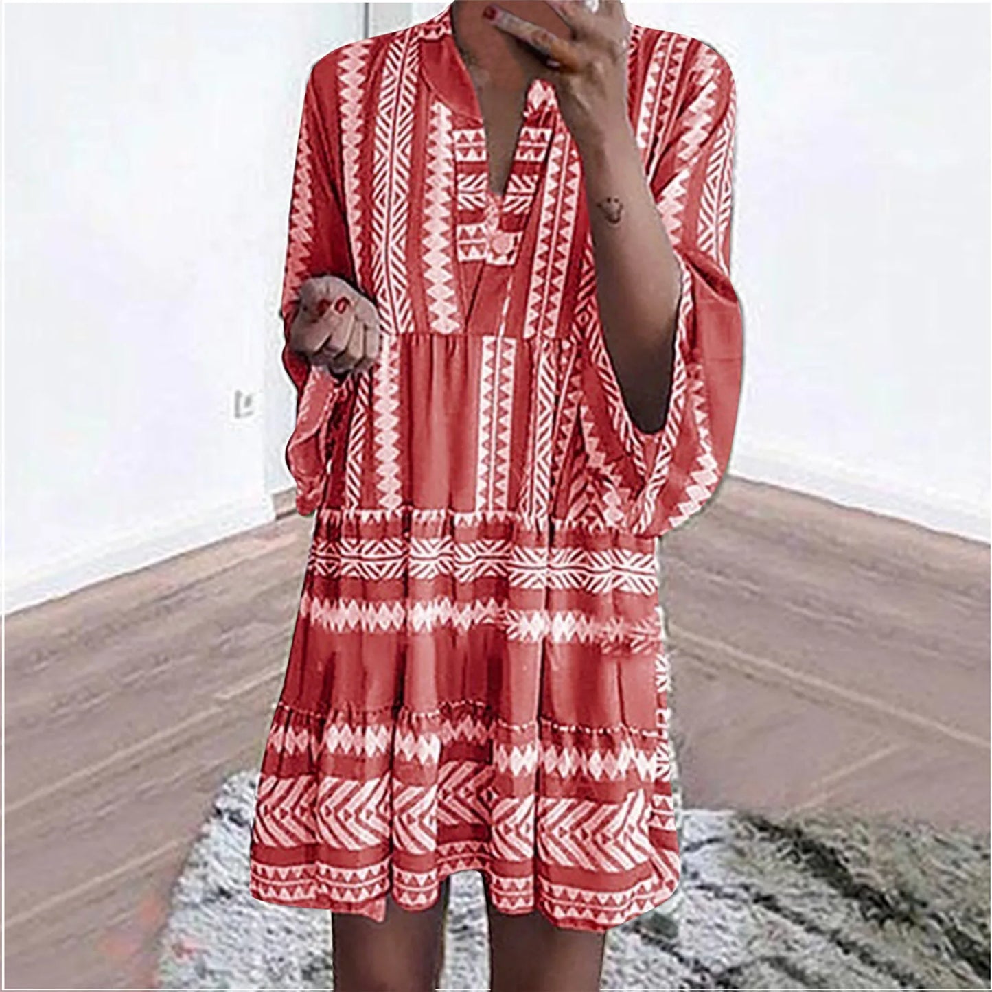 JuliaFashion - Women Aztec Boho Flared Sleeve Tiered Tunic Summer Ladies Vacation Resort Wear Vintage Loose Beach Female Clothing Dress