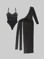 Black 2 Piece Set Sexy One Shoulder Long Ruched Elegant Christmas Party Dress Dresses-L