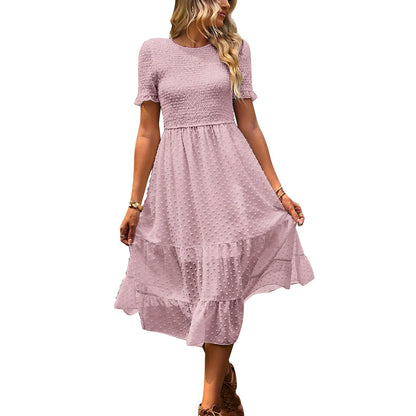 JuliaFashion - Women Casual Boho Short Sleeve Jacquard Smocked Midi Crew Neck Tiered Ladies High Waist Chiffon Summer Dress