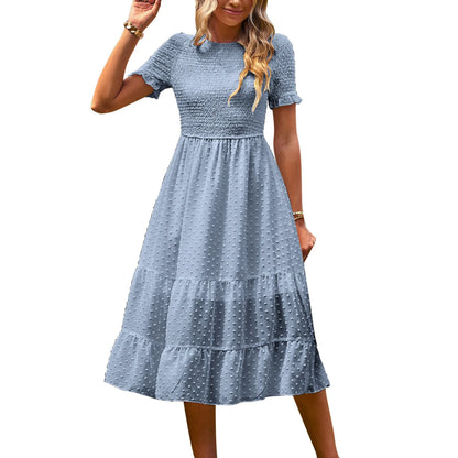 JuliaFashion - Women Casual Boho Short Sleeve Jacquard Smocked Midi Crew Neck Tiered Ladies High Waist Chiffon Summer Dress