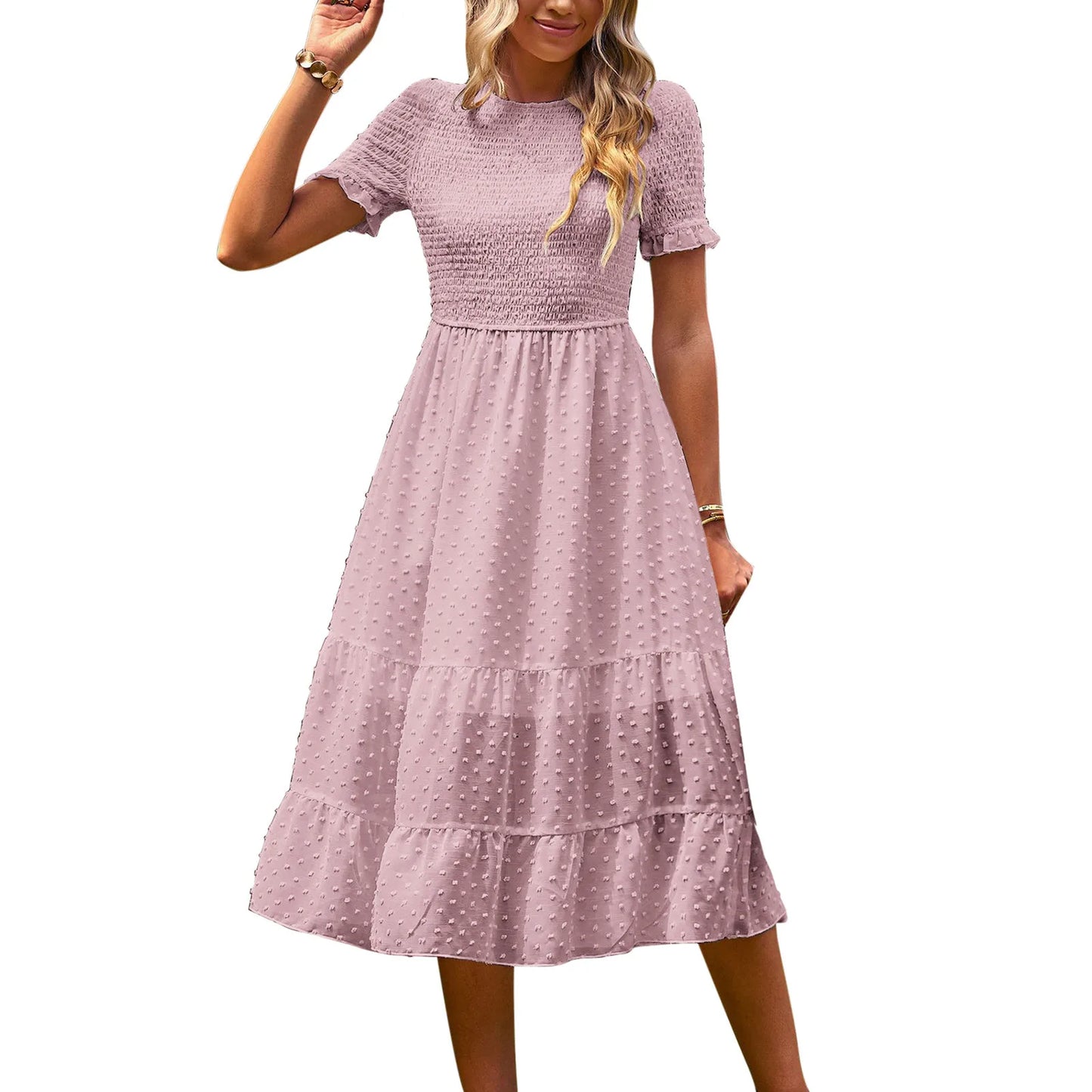 JuliaFashion - Women Casual Boho Short Sleeve Jacquard Smocked Midi Crew Neck Tiered Ladies High Waist Chiffon Summer Dress