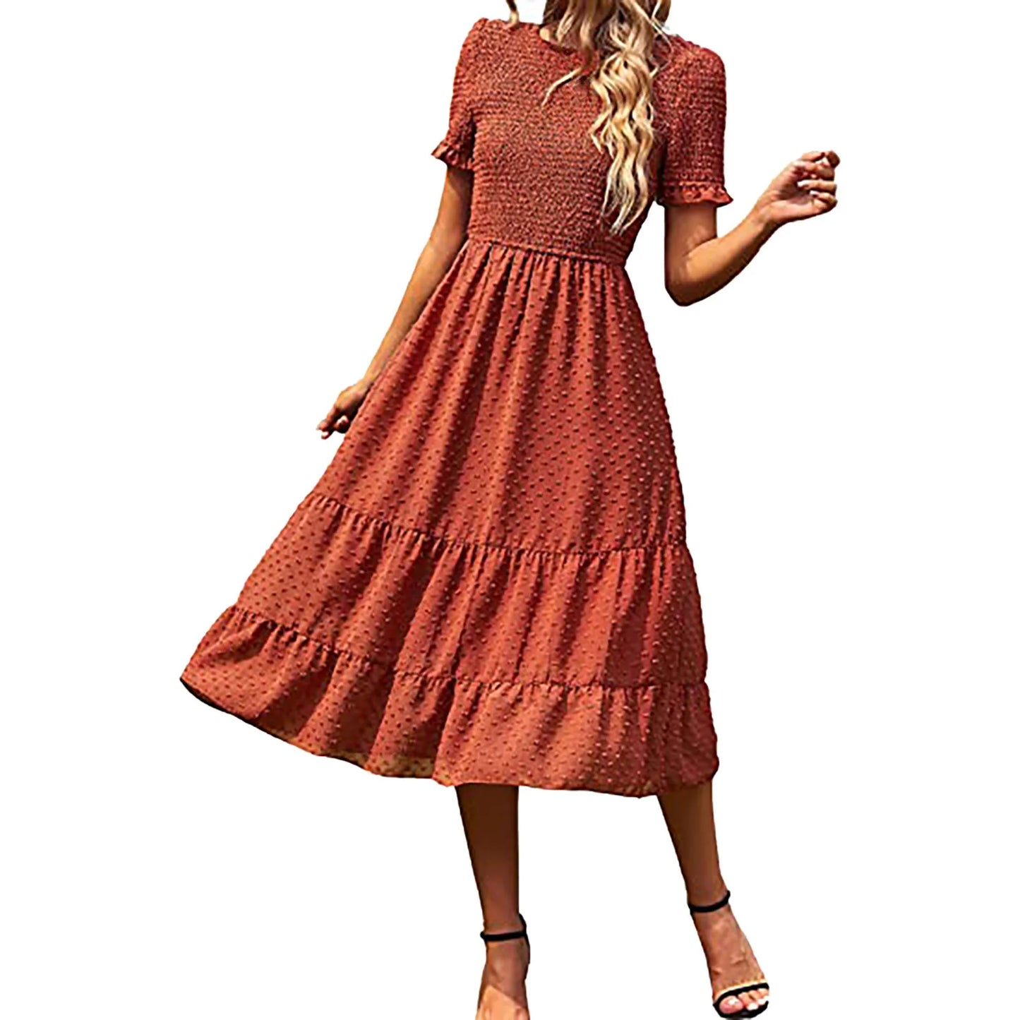 JuliaFashion - Women Casual Boho Short Sleeve Jacquard Smocked Midi Crew Neck Tiered Ladies High Waist Chiffon Summer Dress