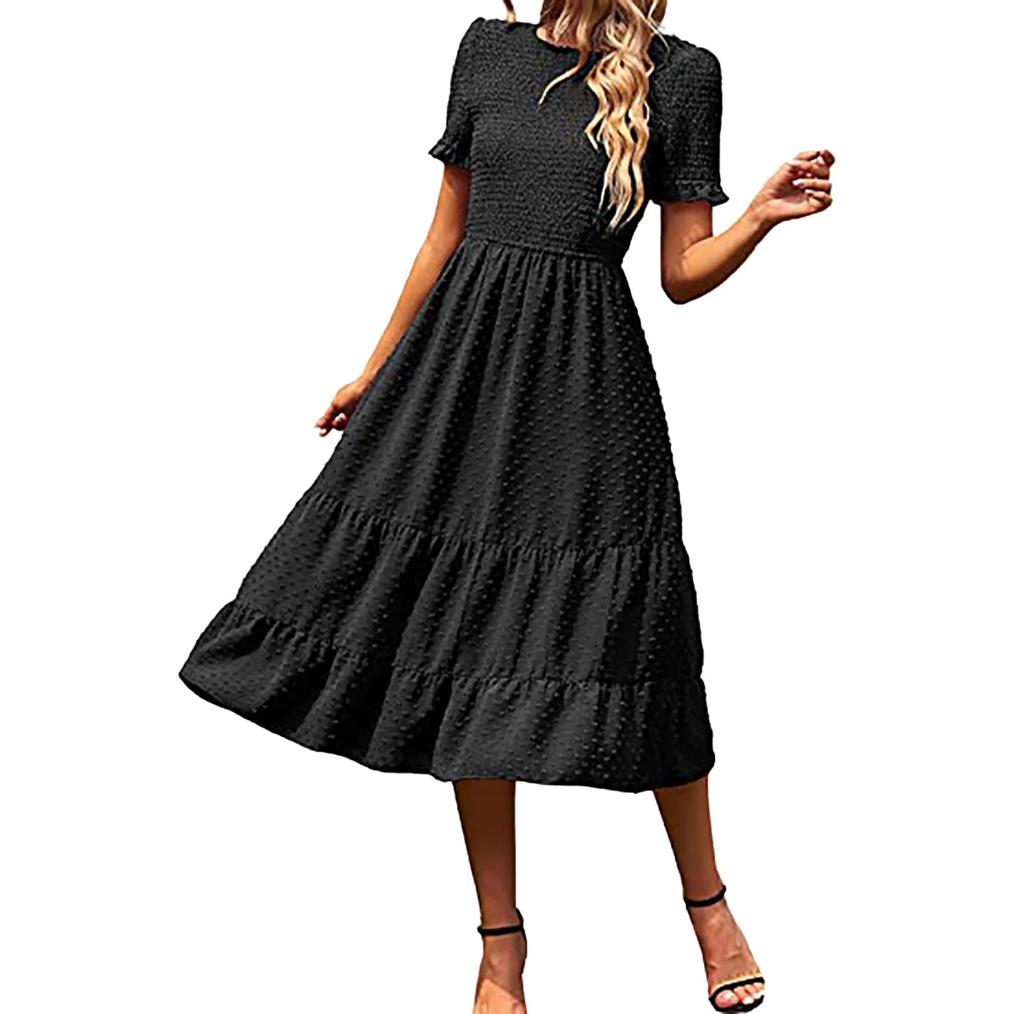 JuliaFashion - Women Casual Boho Short Sleeve Jacquard Smocked Midi Crew Neck Tiered Ladies High Waist Chiffon Summer Dress