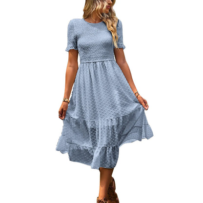 JuliaFashion - Women Casual Boho Short Sleeve Jacquard Smocked Midi Crew Neck Tiered Ladies High Waist Chiffon Summer Dress