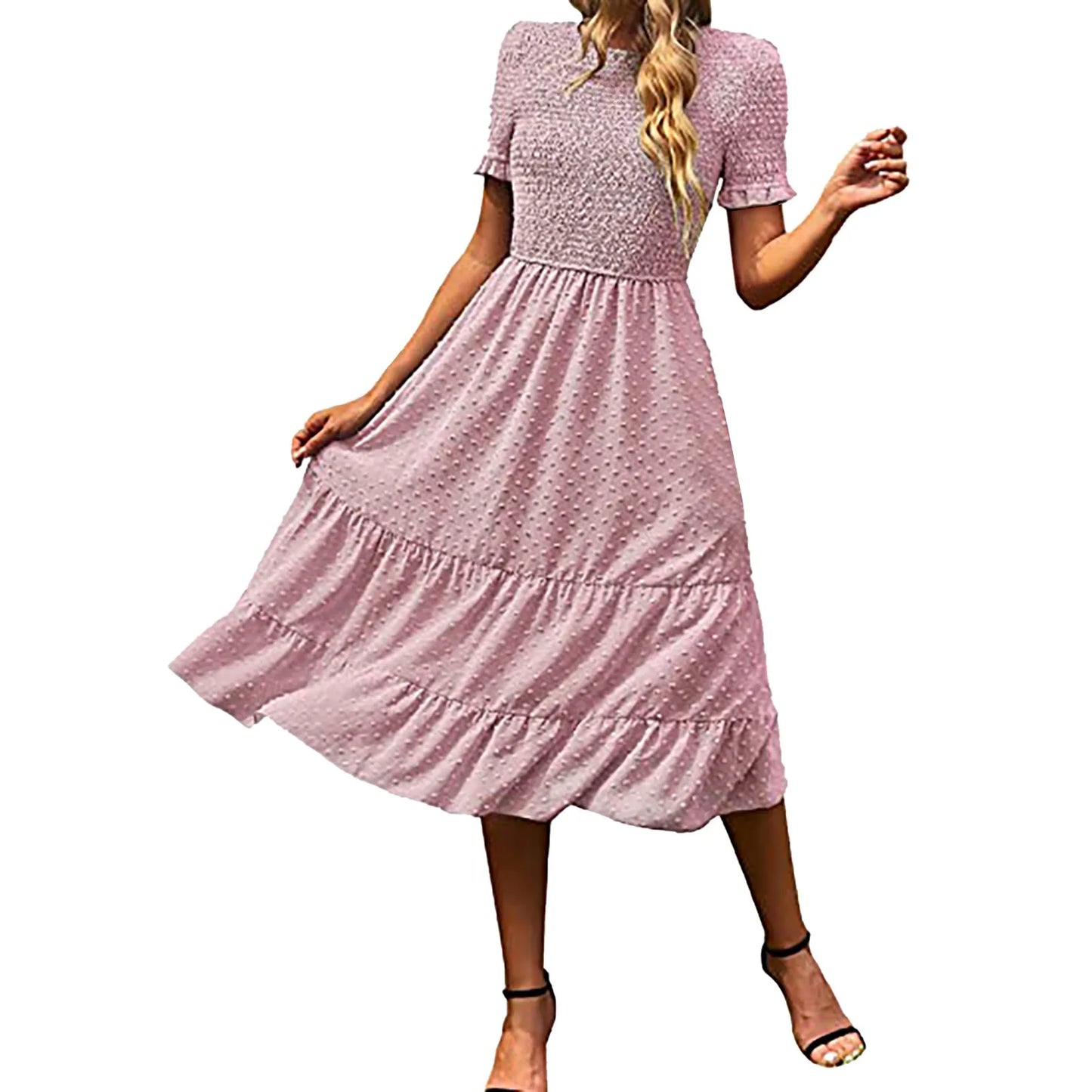 JuliaFashion - Women Casual Boho Short Sleeve Jacquard Smocked Midi Crew Neck Tiered Ladies High Waist Chiffon Summer Dress