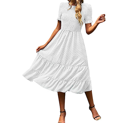 JuliaFashion - Women Casual Boho Short Sleeve Jacquard Smocked Midi Crew Neck Tiered Ladies High Waist Chiffon Summer Dress