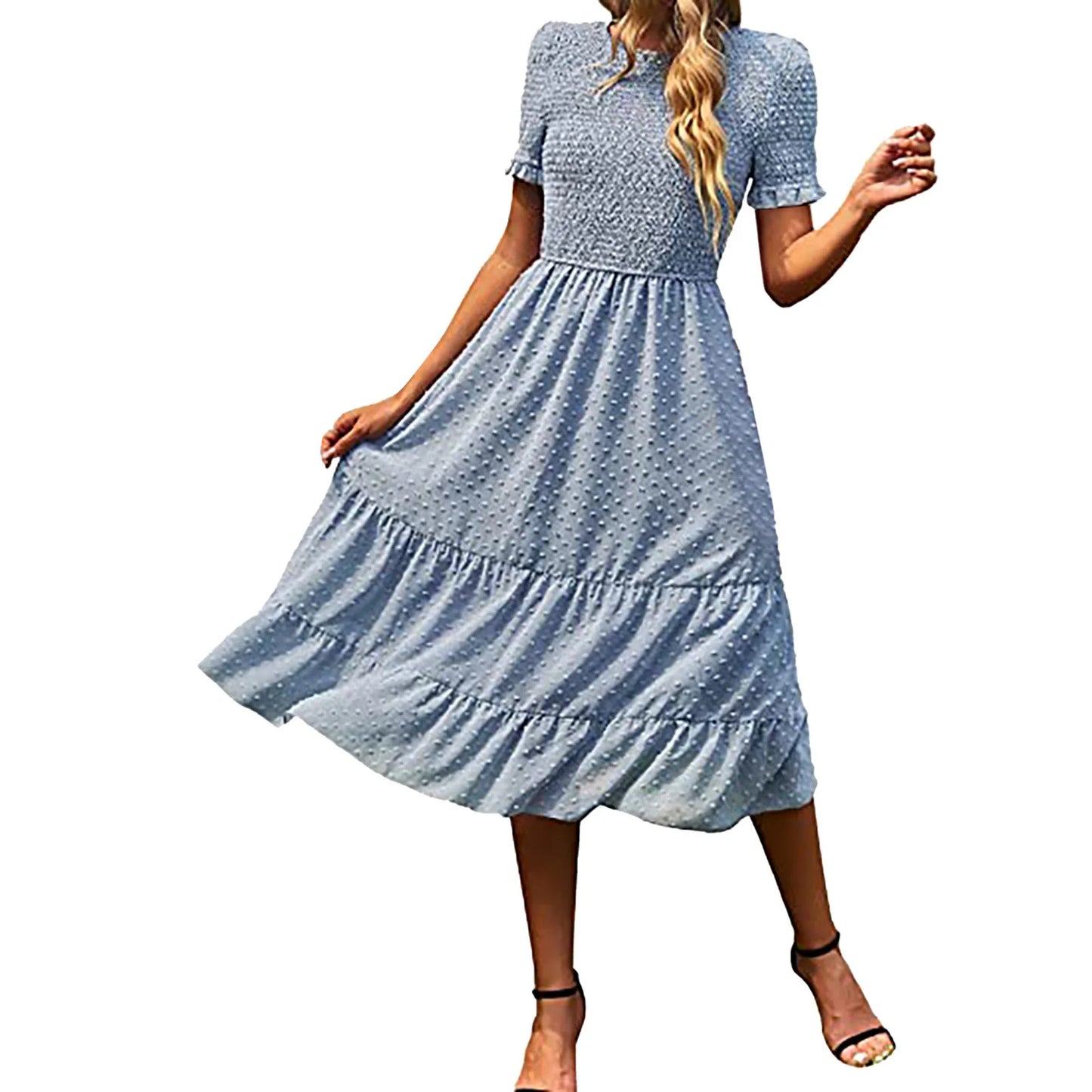 JuliaFashion - Women Casual Boho Short Sleeve Jacquard Smocked Midi Crew Neck Tiered Ladies High Waist Chiffon Summer Dress