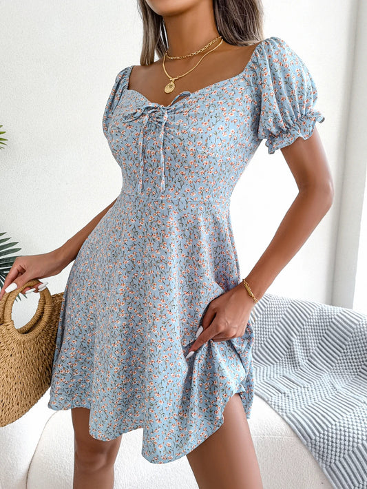 Julia Fashion - Casual Ruffles Short Sleeve Floral Print A Line Mini Dress
