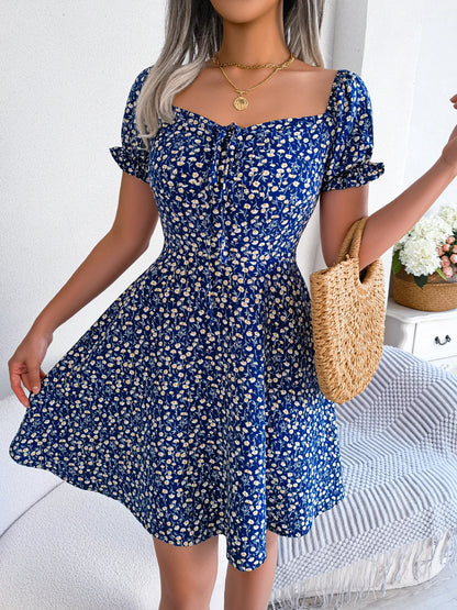 Julia Fashion - Casual Ruffles Short Sleeve Floral Print A Line Mini Dress