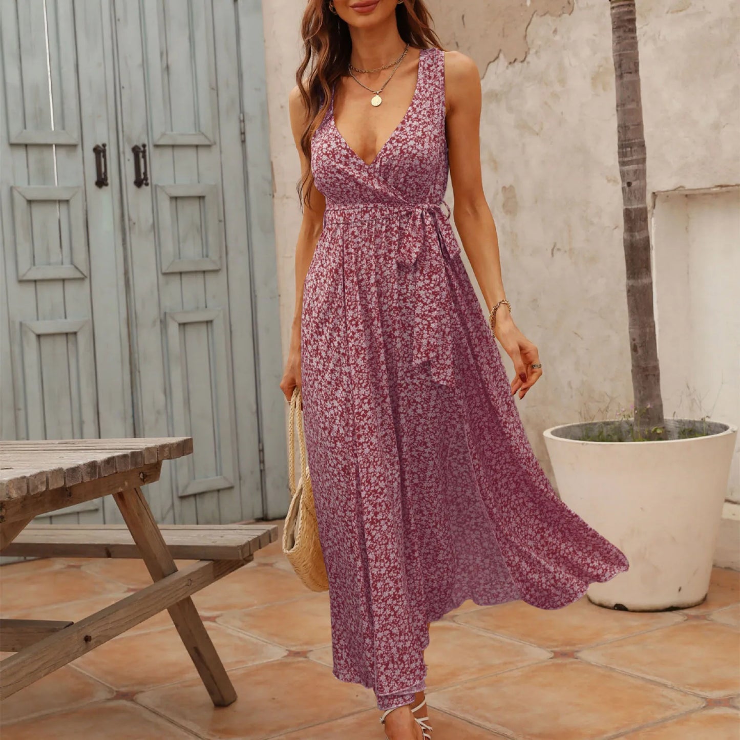 JuliaFashion - Women Casual Summer V Neck Sleeveless Knotted Decorative Floral Slit Sexy Bohemian Long Swing Vacation Sun Dress