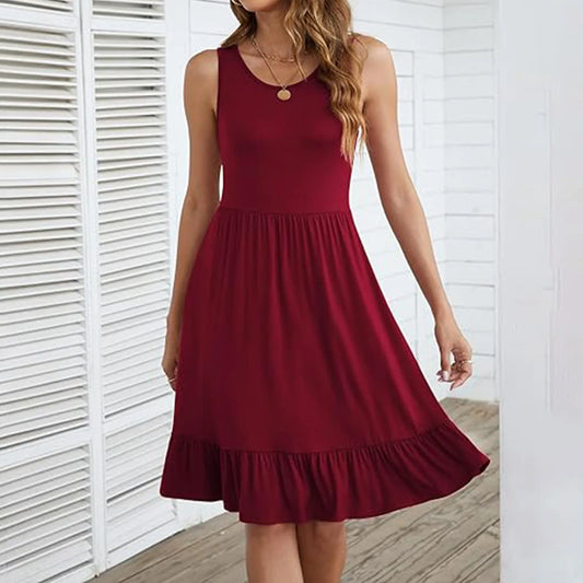 JuliaFashion - Women Causual Round Neck Sleeveless Ruffles Mini Solid Color Beach SunOversized Loose Woman 2024 Summer Dress