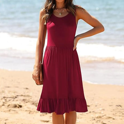 JuliaFashion - Women Causual Round Neck Sleeveless Ruffles Mini Solid Color Beach SunOversized Loose Woman 2024 Summer Dress
