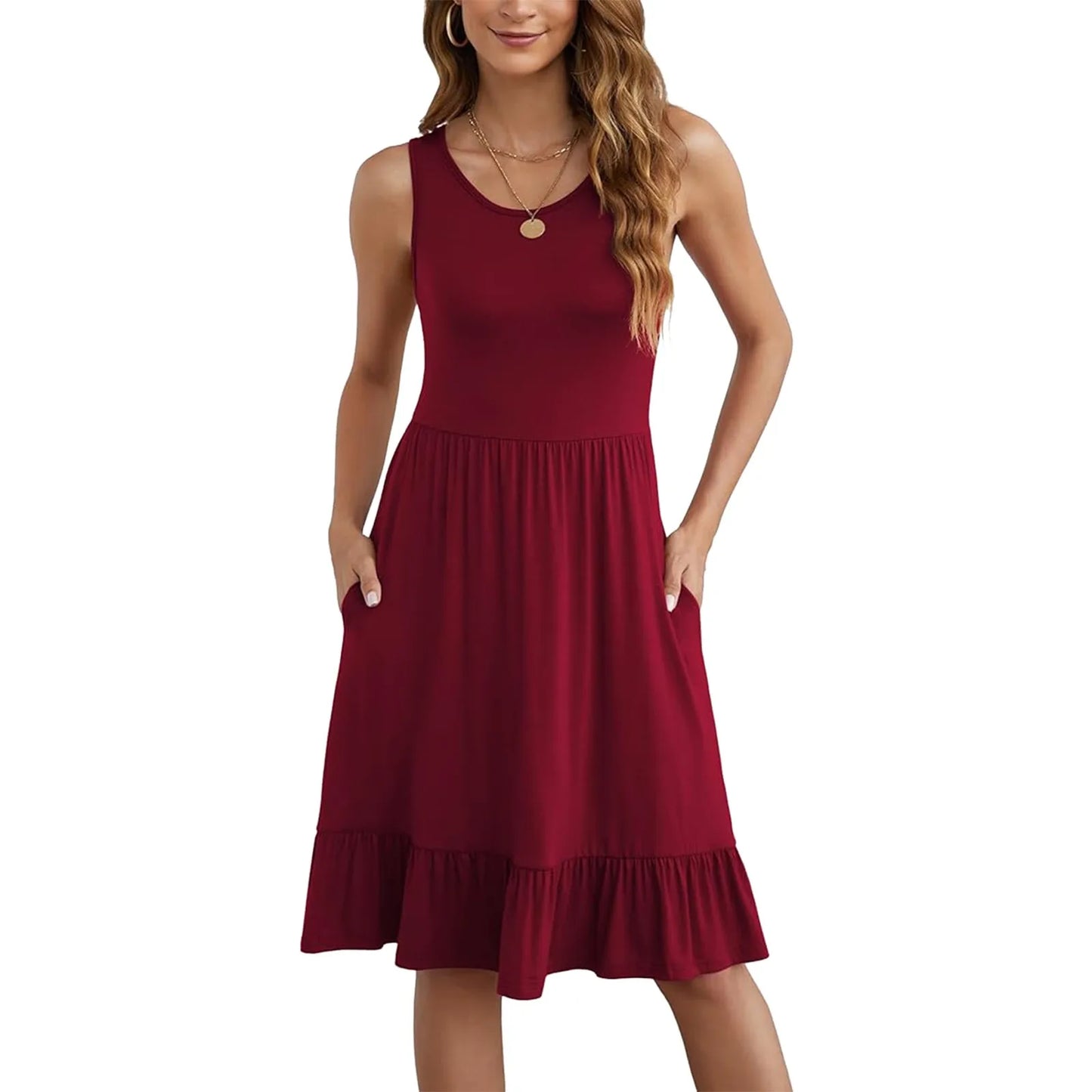 JuliaFashion - Women Causual Round Neck Sleeveless Ruffles Mini Solid Color Beach SunOversized Loose Woman 2024 Summer Dress
