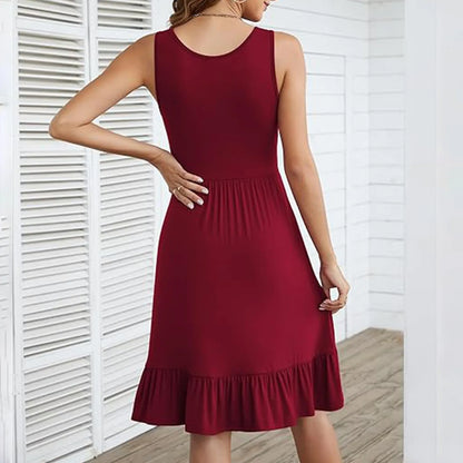 JuliaFashion - Women Causual Round Neck Sleeveless Ruffles Mini Solid Color Beach SunOversized Loose Woman 2024 Summer Dress