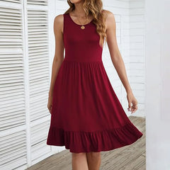 JuliaFashion - Women Causual Round Neck Sleeveless Ruffles Mini Solid Color Beach SunOversized Loose Woman 2024 Summer Dress