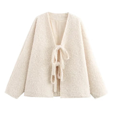 Lace-Up Bow Brown Cardigan Beige / S Cardigan-241208