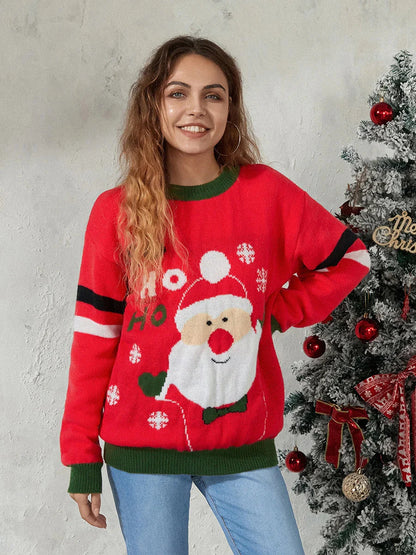 Christmas Santa Jacquard Patchwork Long Sleeve Crew Neck Loose Sweater Sweaters-L
