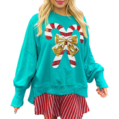 Christmas Sequin Candy Cane Holiday Oversized Side Slit Sparkly Pullover Hoodie Green / S Hoodies-L