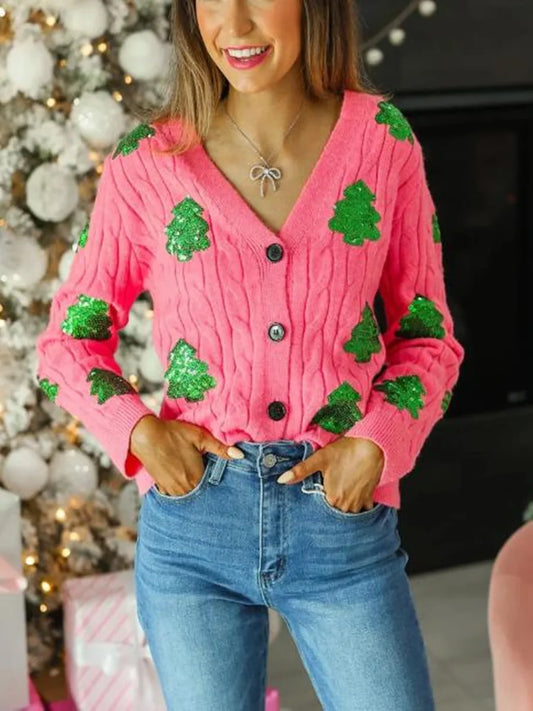 Christmas Tree Glitter V-Neck Button Cardigan Pink / S Cardigan-241208