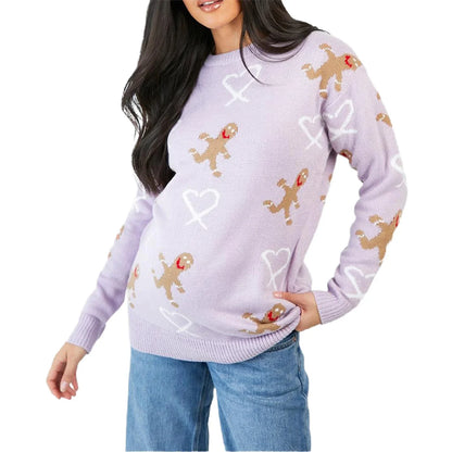 Christmas Gingerbread Print Long Sleeve Round Neck Casual Loose Sweater Purple / S Sweaters-L
