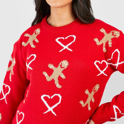 Christmas Gingerbread Print Long Sleeve Round Neck Casual Loose Sweater Sweaters-L