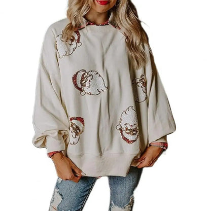 Round Neck Sequin Santa Pattern Loose Lantern Sleeves Christmas Hoodie White / S Hoodies-L
