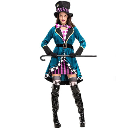 Women Mad Hatter Cosplay Fancy Dress Magic Tuxedo Halloween Carnival Costume