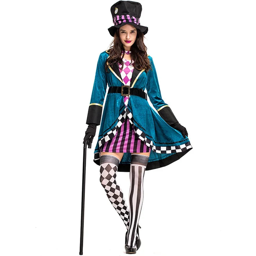 Women Mad Hatter Cosplay Fancy Dress Magic Tuxedo Halloween Carnival Costume