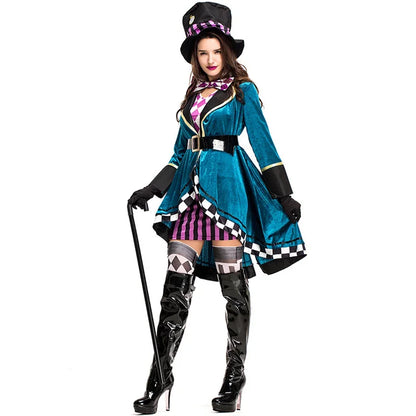 Women Mad Hatter Cosplay Fancy Dress Magic Tuxedo Halloween Carnival Costume